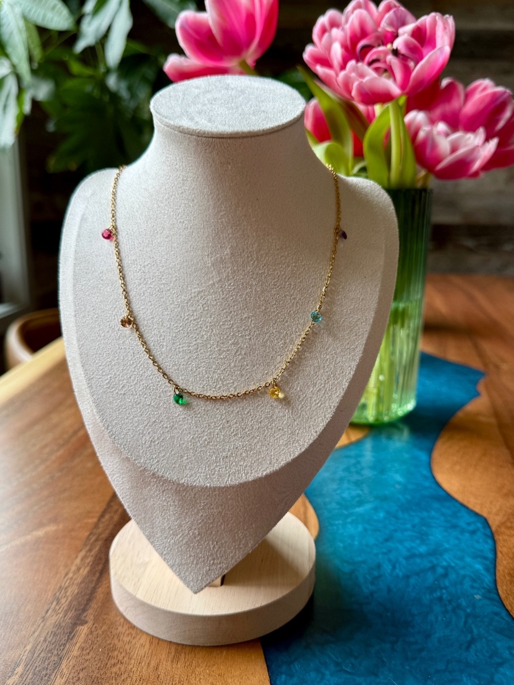 Gold necklace with colorful CZ